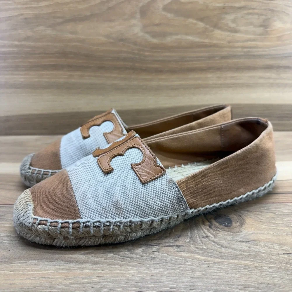 Tory Burch Espadrilles Flats 6.5 Tan Cream Canvas Loafers Vacation Resort Summer